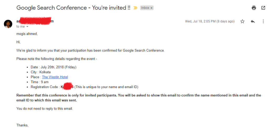 Google Search Conference invitation